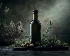 Dark glass bottle of olive oil with fresh herbs and olives