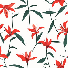 Whimsical red and green lily stems in hand-drawn vector illustration, trendy floral pattern, modern wallpaper design, soft white background, art decor.