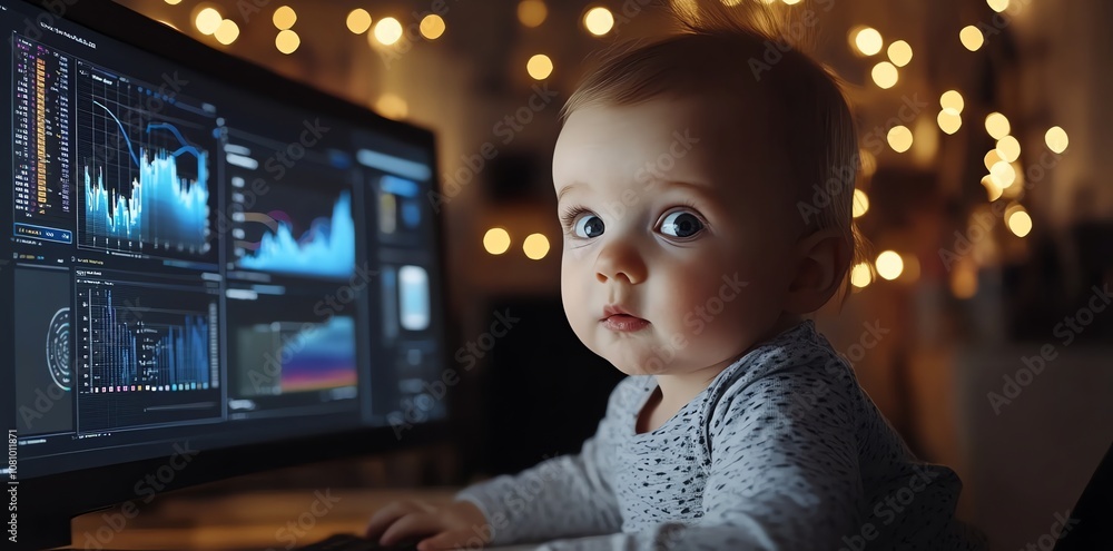Leinwandbilder a curious baby looks at the screen of a computer with a stock market graph on it.