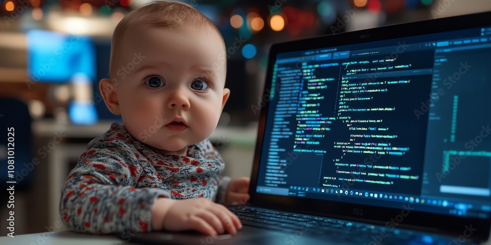 Poster a curious baby looks intently at a laptop screen filled with code, representing the future of techno