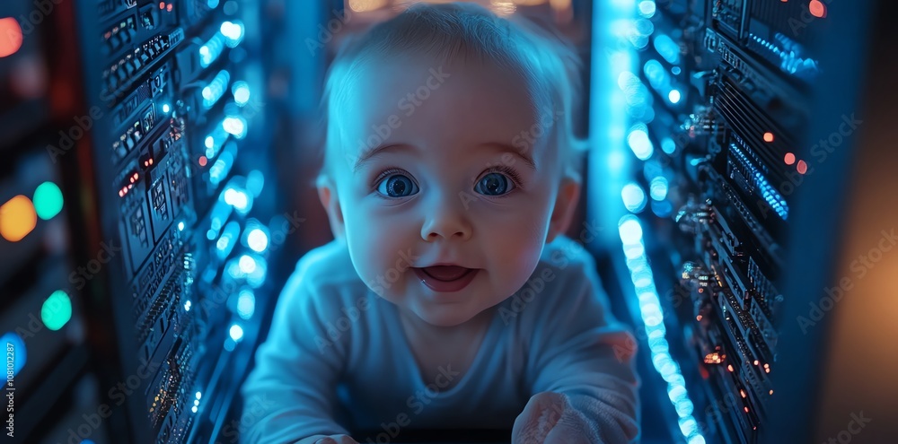 Aufkleber a curious baby looks up from between two rows of servers lit with blue leds.