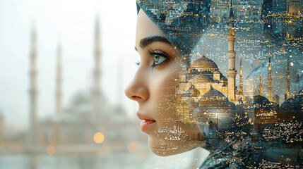 A surreal double exposure portrait of a Muslim woman amidst minarets and religious symbols in a timeless landscape