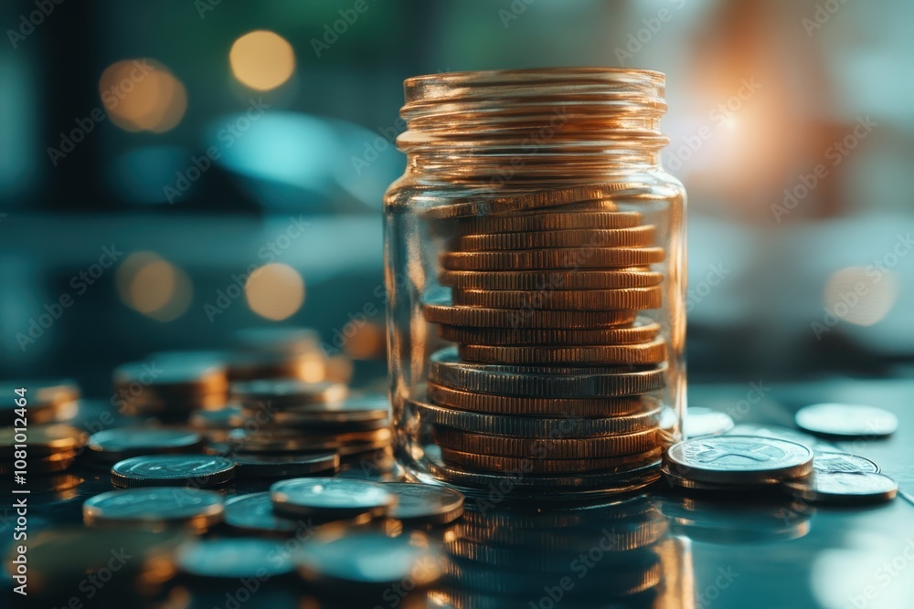 Poster Glass jar filled with stacked coins on a table with scattered coins in a warm light setting