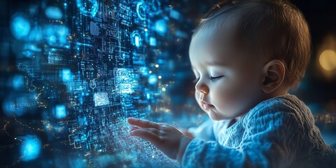 A curious baby reaches out to a glowing digital interface filled with icons and data.