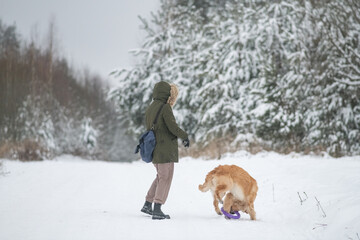 Beautiful young girl walking with a purebred retriever near a snowy forest in winter.