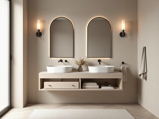 Modern Bathroom Setup with Twin Sinks, Arched Mirrors, Beige Countertop, and Minimalist Wall Sconces Creating a Cozy Yet Elegant Interior Perfect for Functional and Refined Bathroom Spaces