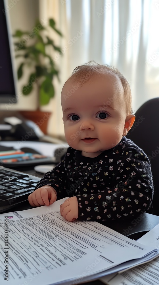 Aufkleber a curious baby sitting at a desk with papers and a keyboard in front of her.