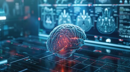 Obraz premium brain testing result on digital interface on laboratory or surgery background, innovative technology in science and medicine concept. medical technology