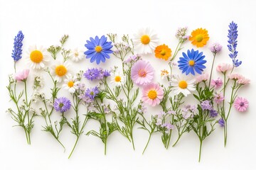 Fototapeta premium Vibrant and cheerful floral display: colorful wildflowers arranged on a white background