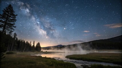 Dark canvas of stars above a serene landscape, with gentle mist rising from the ground, terrain, atmosphere, misty, evening
