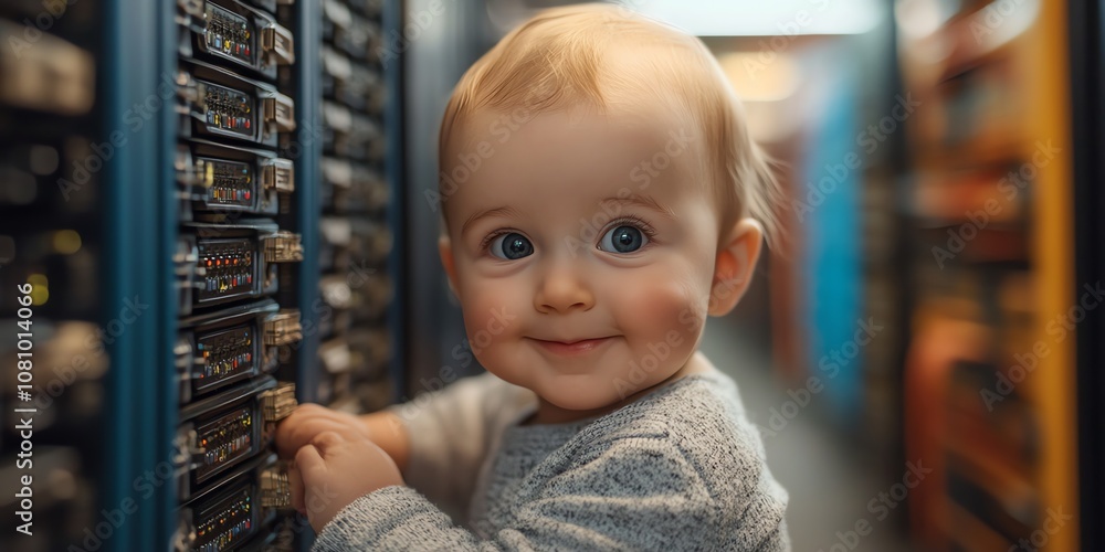 Aufkleber A curious baby with a cheeky grin is looking at the camera while standing next to a server rack in a data center.