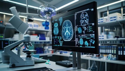 brain testing result on digital interface on laboratory or surgery background, innovative technology in science and medicine concept. medical technology