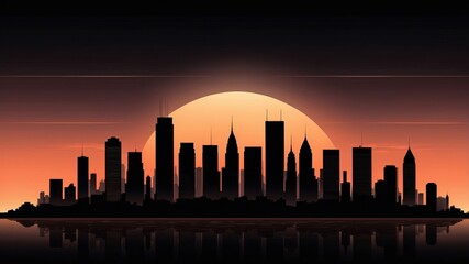 Silhouette of a City Skyline at Sunset