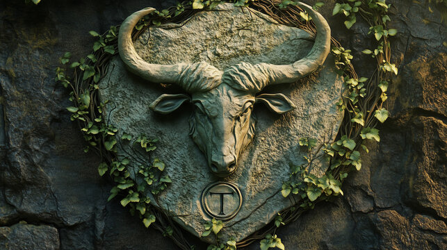 Taurus symbol etched in stone with soft green vines wrapping around it, representing earth and stability