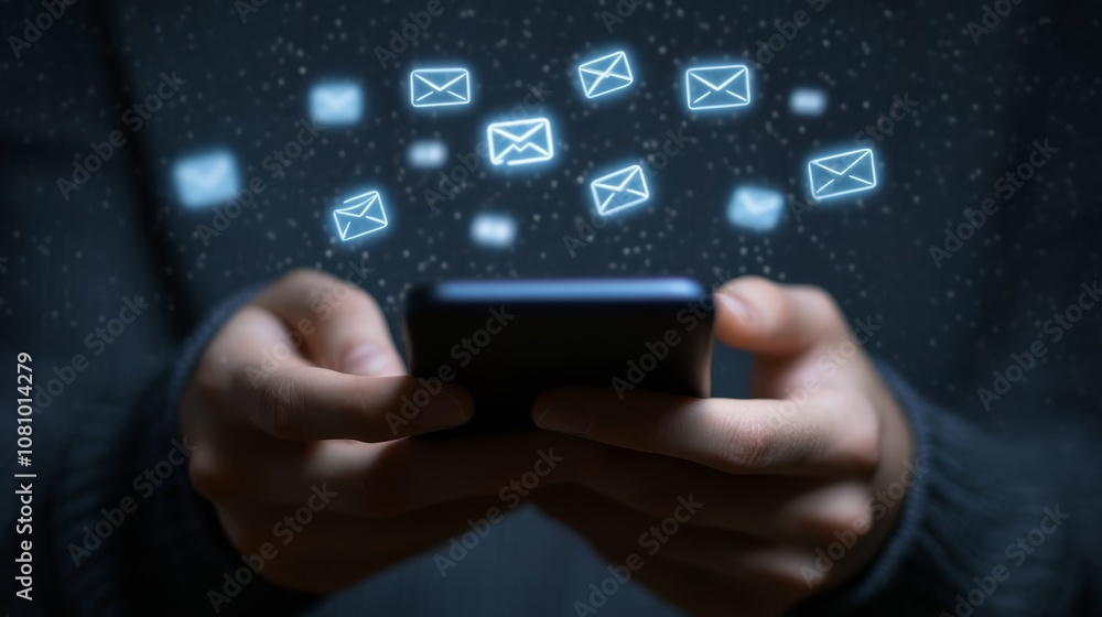 Poster businessman using smartphone with glowing email icons floating above, representing communication, te