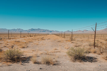 Area 51, Desert landscape with a dirt road and barbed wire fences stretching toward distant mountains under a clear blue sky, evoking a sense of isolation and secrecy