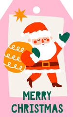 Christmas gift tag with Santa Claus carrying a sack. Cute Christmas label vector template