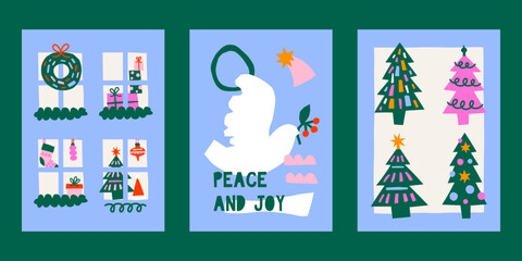 Cute cutout style Christmas cards vector templates. Hand drawn simple retro holidays illustration prints set with Christmas trees, dove, windows