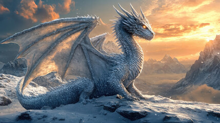 Ai generated illustration with a majestic white dragon on the top of a mountain looking down to a snowy valley 