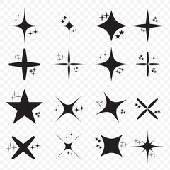 Star sparkle and twinkle. Star burst, flash stars. Isolated vector starburst icons, black silhouettes, shining lights and sparks of bright glowing rays and flare effect. Magic glint, shiny glitter. 