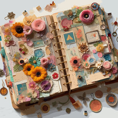 old, vintage, open book, handmade, nature, flowers, leaves, petals, wooden, rustic, floral, artistic, creative, journal, scrapbook, stationery, antique, handwriting