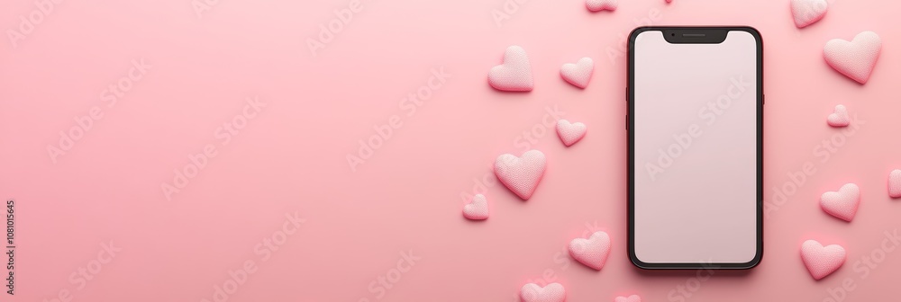 Aufkleber pink hearts surrounding a smartphone with blank screen on a pink background creating a romantic and 