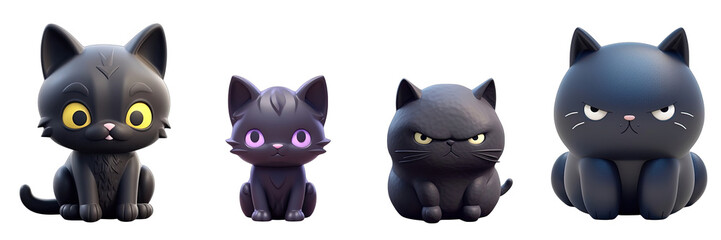 Black cat, 3D cartoon, clay art for decoration on a transparent background PNG.