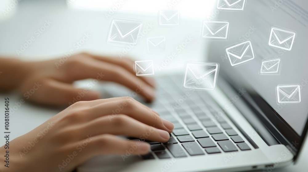 Poster hands typing on laptop keyboard with email icons appearing on the screen, suggesting communication, 