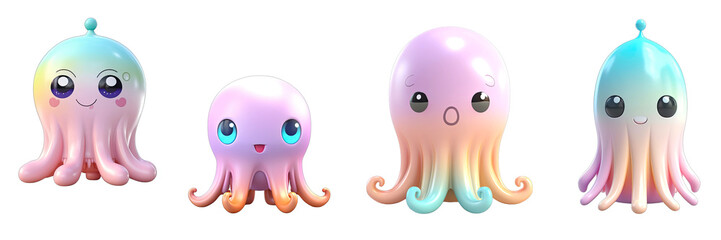 Octopus 3D collection cartoon cute pastel colors various breeds on a transparent background PNG.