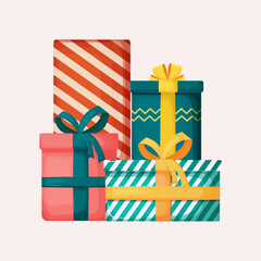Vector illustration of a big pile of wrapped presents. Gift boxes design for a holiday and party. Gift design with a bow and gift paper with a pattern