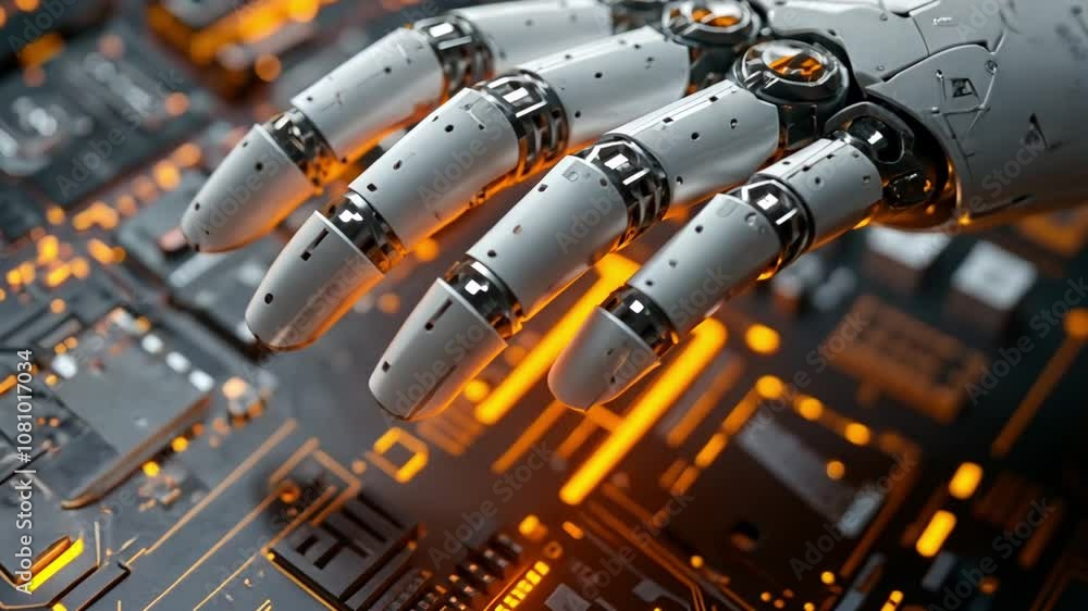 Poster a robotic hand interacting with a glowing circuit board in a futuristic technology environment