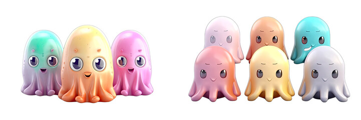 Squid family pastel colors 3D cartoon style on a transparent background PNG.