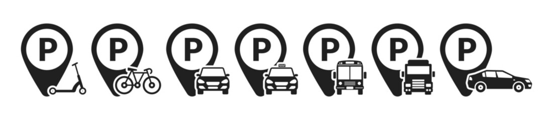 Car parking vector icons set. Various parking signs. Parking and traffic signs isolated