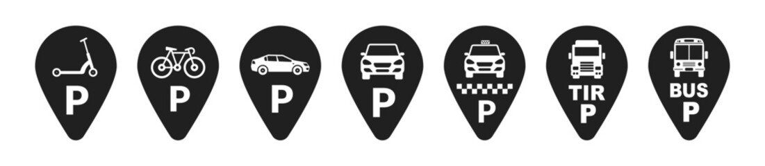 Car parking vector icons set. Various parking signs. Parking and traffic signs isolated