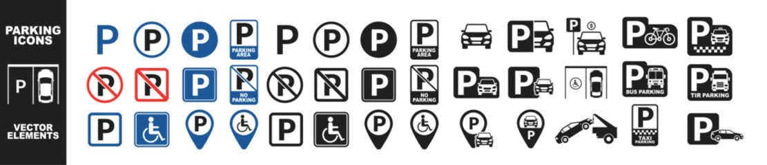 Car parking vector icons set. Parking space. Public parking vector icon for car, taxi, bus, scooter, truck and bicycle