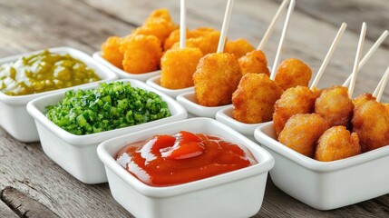 Fishballs on skewers, isolated with vibrant dipping sauces, perfect for a minimalist snack display