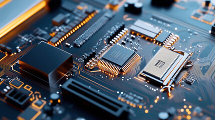 Close-up view of a computer motherboard highlighting microchips, connectors, and electronic circuits with glowing pathways.