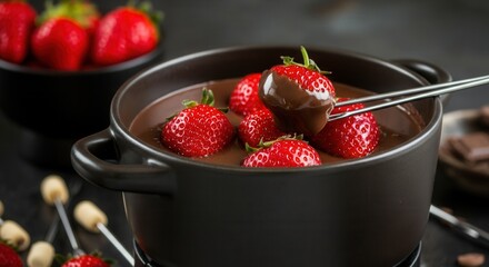 Fresh strawberries dipped in dark chocolate fondue