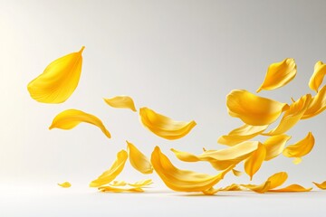 Yellow Flower Petals Falling on a White Background: A Delicate and Airy Floral Abstract
