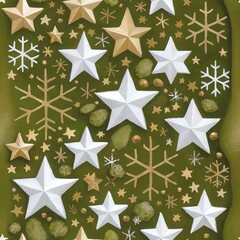 Obraz premium Seamless festive winter holiday background design with elegant white and gold dimensional stars and sparkling snowflakes over a deep green texture.