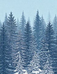 Christmas. Winter background. Winter Forest background. Pine, spruce, christmas tree. Snowy graphic trees seamless pattern panorama view. hand drawing. 