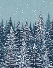 Fototapeta premium Christmas. Winter background. Winter Forest background. Pine, spruce, christmas tree. Snowy graphic trees seamless pattern panorama view. hand drawing. 