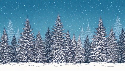 Obraz premium Christmas. Winter background. Winter Forest background. Pine, spruce, christmas tree. Snowy graphic trees seamless pattern panorama view. hand drawing. 