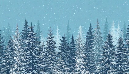 Obraz premium Christmas. Winter background. Winter Forest background. Pine, spruce, christmas tree. Snowy graphic trees seamless pattern panorama view. hand drawing. 