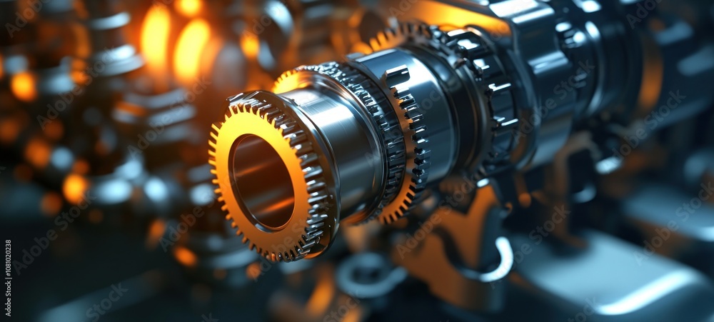 Poster close-up of intricate metallic gears and cogs showcasing precision engineering and industrial design