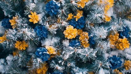 blue and yellow pinecones