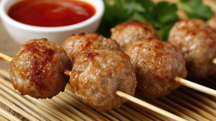 Porkballs grilled on skewers, served with spicy dipping sauce on a bamboo mat, ideal for an authentic street food look