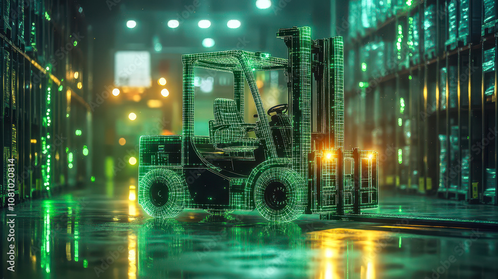 Poster digital green forklift with ai data streams in warehouse management and inventory control