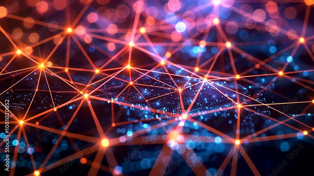 Poster futuristic network nodes and connections overlapping in a dynamic blue and orange digital landscape,