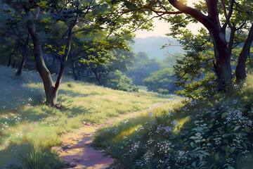 Fototapeta premium Forest Path Illustration - Sunlight Through the Trees